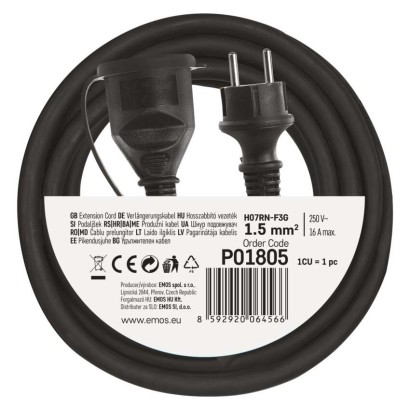 Verlängerungskabel 5 m / 1 Steckdose / schwarz / Gummi-Neopren / 250 V / 1,5 mm2