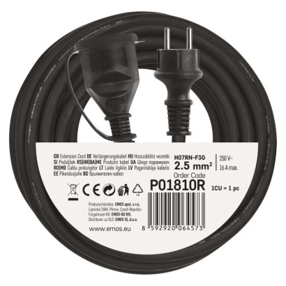 Verlängerungskabel 10 m / 1 Steckdose / schwarz / Gummi-Neopren / 250 V / 2,5 mm2