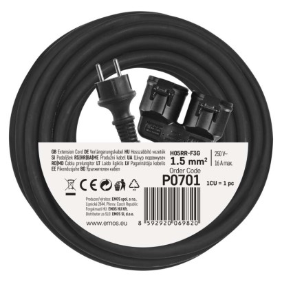 Verlängerungskabel 10 m / 2 Steckdosen / schwarz / Gummi / 250 V / 1,5 mm2