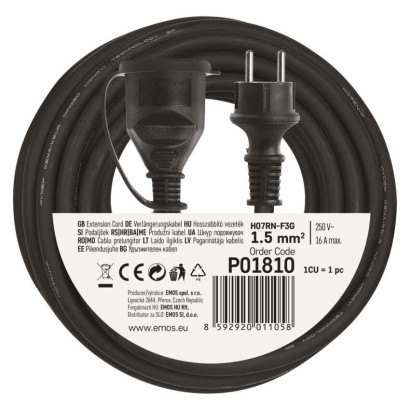 Verlängerungskabel 10 m / 1 Steckdose / schwarz / Gummi-Neopren / 250 V / 1,5 mm2