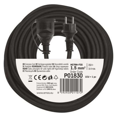 Verlängerungskabel 30 m / 1 Steckdose / schwarz / Gummi-Neopren / 250 V / 1,5 mm2