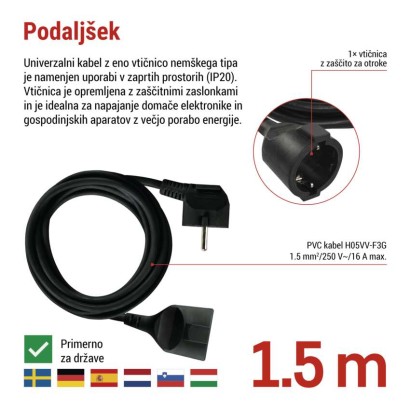 Podaljšek 1,5 m / 1 vtičnica / črn / PVC / 1,5 mm2