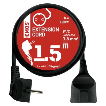 Ilgintuvas 1,5 m / 1 lizdas / juodas / PVC / 1,5 mm2 