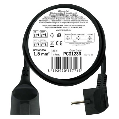 Ilgintuvas 3 m / 1 lizdas / juodas / PVC / 1,5 mm2 