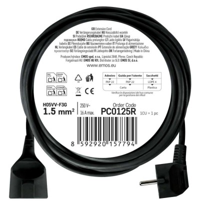 Ilgintuvas 5 m / 1 lizdas / juodas / PVC / 1,5 mm2 