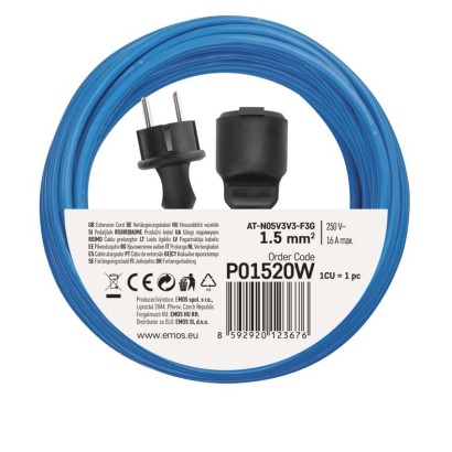 Wetterfestes Verlängerungskabell 20 m / 1 Steckdose / blau / PVC / 230 V / 1,5 mm2