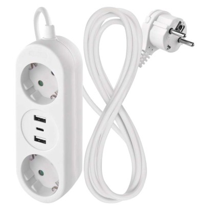 Pagarinātājs 1,4 m / 2 kontaktligzdas + 2×USB-A+1×USB-C / balts / PVC / 1,5 mm2