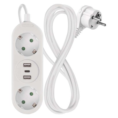 Pagarinātājs 1,4 m / 2 kontaktligzdas + 2×USB-A+1×USB-C / balts / PVC / 1,5 mm2