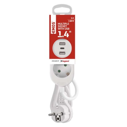 Pagarinātājs 1,4 m / 2 kontaktligzdas + 2×USB-A+1×USB-C / balts / PVC / 1,5 mm2