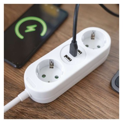 Pagarinātājs 1,4 m / 2 kontaktligzdas + 2×USB-A+1×USB-C / balts / PVC / 1,5 mm2