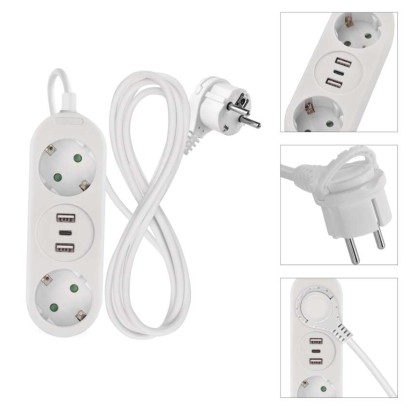 Pagarinātājs 1,4 m / 2 kontaktligzdas + 2×USB-A+1×USB-C / balts / PVC / 1,5 mm2