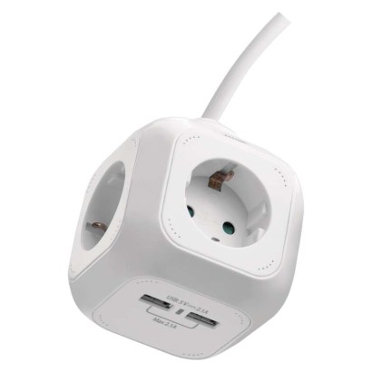 Podaljšek - kocka 1,9 m / 4 vtičnice / beli / PVC / z USB / 1,5 mm2
