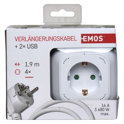 Podaljšek - kocka 1,9 m / 4 vtičnice / beli / PVC / z USB / 1,5 mm2