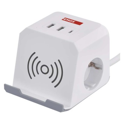 Steckdosenwürfel 2 m / 2 Steckdosen / weiß / 2×USB-A+1×USB-C+Qi / 1,5 mm2