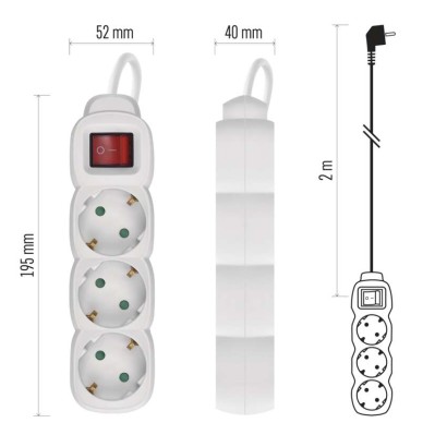 Hosszabbító 2 m / 3 aljzat / kapcsolós / fehér / PVC / 1 mm2