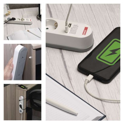 Hosszabbító 2 m / 3 aljzat / kapcsolós / fehér / 1× USB-A + 1× USB-C  / 1,5 mm2