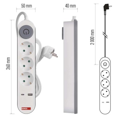 Hosszabbító 2 m / 3 aljzat / kapcsolós / fehér / 1× USB-A + 1× USB-C  / 1,5 mm2
