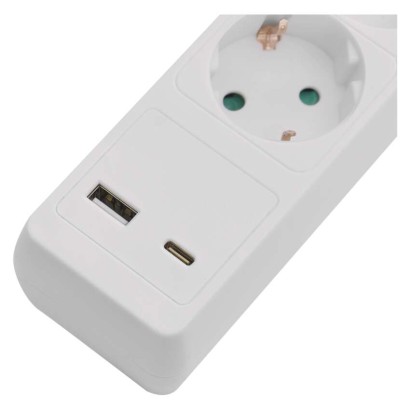 Hosszabbító 2 m / 3 aljzat / kapcsolós / fehér / 1× USB-A + 1× USB-C  / 1,5 mm2