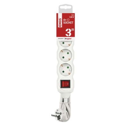 Hosszabbító 3 m / 4 aljzat / kapcsolós / fehér / PVC / 1,5 mm2