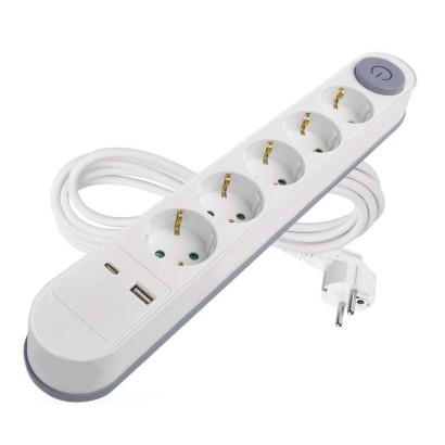 Pagarinātājs, 3 m / 5 kontaktligzdas / ar slēdzi / balts / 1× USB-A + 1× USB-C / 1,5 mm2