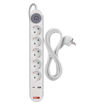 Pagarinātājs, 3 m / 5 kontaktligzdas / ar slēdzi / balts / 1× USB-A + 1× USB-C / 1,5 mm2