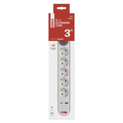Pagarinātājs, 3 m / 5 kontaktligzdas / ar slēdzi / balts / 1× USB-A + 1× USB-C / 1,5 mm2