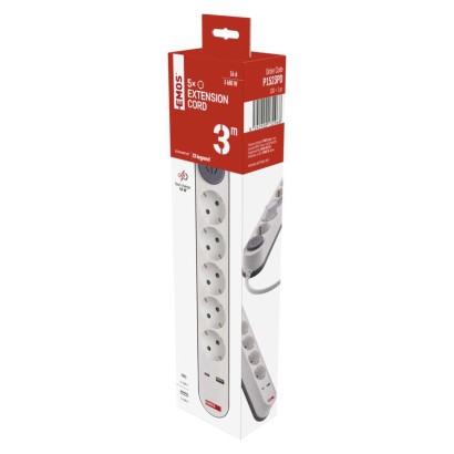 Pagarinātājs, 3 m / 5 kontaktligzdas / ar slēdzi / balts / 1× USB-A + 1× USB-C / 1,5 mm2