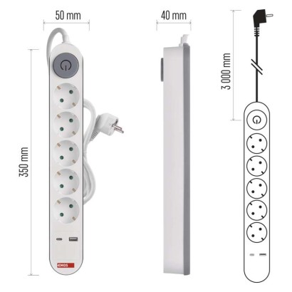 Pagarinātājs, 3 m / 5 kontaktligzdas / ar slēdzi / balts / 1× USB-A + 1× USB-C / 1,5 mm2