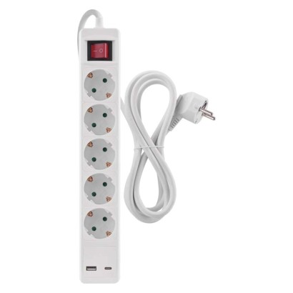 Steckdosenleiste 3 m / 5 Steckdosen / Schalter / weiß / 1× USB-A + 1× USB-C / 1,5 mm2