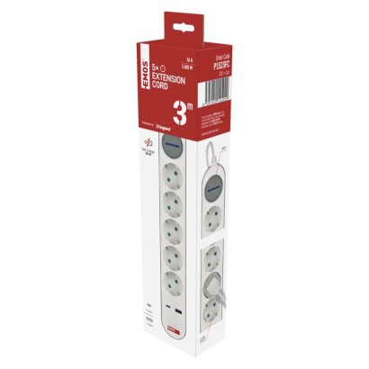Steckdosenleiste 3 m / 5 Steckdosen / Schalter / weiß-grau / 1×USB-A + 1×USB-C / 1,5 mm2