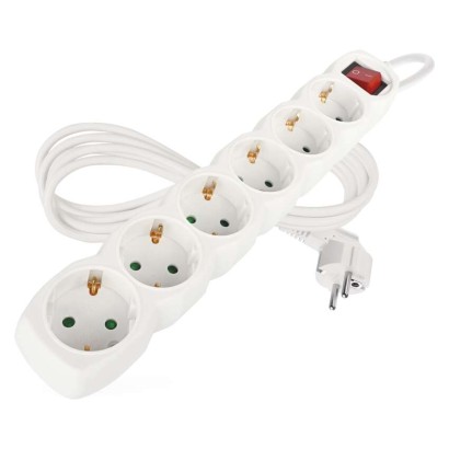 Pagarinātājs, 2 m / 6 kontaktligzdas / ar slēdzi / balts / PVH / 1 mm2