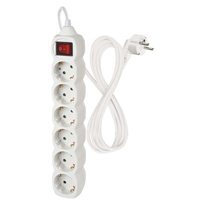 Pagarinātājs, 2 m / 6 kontaktligzdas / ar slēdzi / balts / PVH / 1 mm2