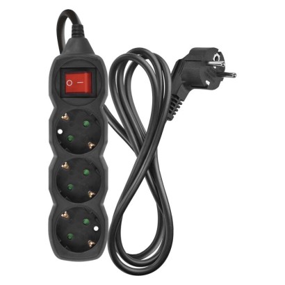Hosszabbító 1,5 m / 3 aljzat / kapcsolós / fekete / PVC / 1 mm2
