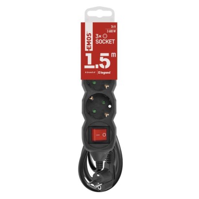 Steckdosenleiste 1,5 m / 3 Steckdosen / Schalter / schwarz / PVC / 1,5 mm2