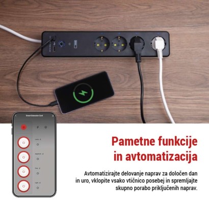 GoSmart podaljšek 2 m / 4 vtičnice / s stikalom / USB / belo-črni / PVC / 1,5 mm2