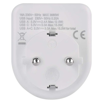 Daugiafunkcinė rozetė 1×, 1×USB-A + 1×USB-C, balta