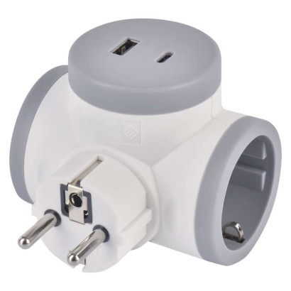Mehrfachsteckdose 2×, 1×USB-A+1×USB-C, weiß-grau