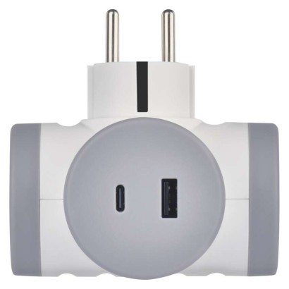 Mehrfachsteckdose 2×, 1×USB-A+1×USB-C, weiß-grau