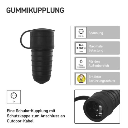 IP44 Gummi-Steckdose Schuko, schwarz