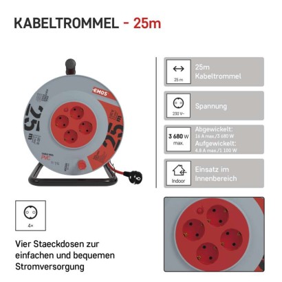 PVC Kabeltrommel – 4 Steckdosen, 25m, 2,5mm2 SCHUKO