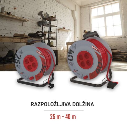 Kolutni podaljšek 25 m / 4 vtičnice / črni / PVC / 230 V / 2,5 mm2