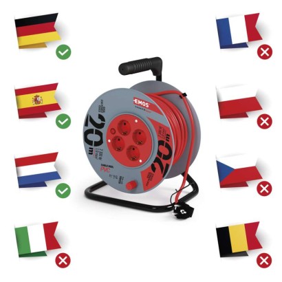 Ilginamojo kabelio ritė 20 m / 4 lizdai / raudona / PVC / 230 V / 1 mm2 