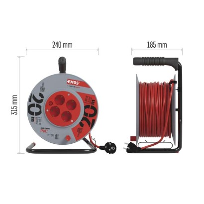 Ilginamojo kabelio ritė 20 m / 4 lizdai / raudona / PVC / 230 V / 1 mm2 