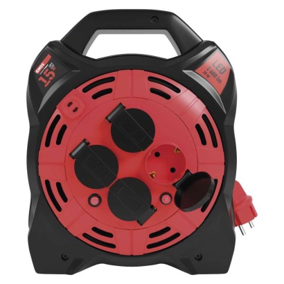 Gummi-Kabeltrommel mit LED-Strahler - 4 Steckdosen, 15m, 1,5mm2