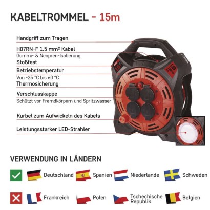 Gummi-Kabeltrommel mit LED-Strahler - 4 Steckdosen, 15m, 1,5mm2