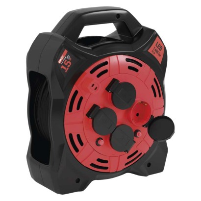 Gummi-Kabeltrommel mit LED-Strahler - 4 Steckdosen, 15m, 1,5mm2