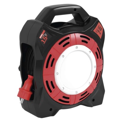 Gummi-Kabeltrommel mit LED-Strahler - 4 Steckdosen, 15m, 1,5mm2