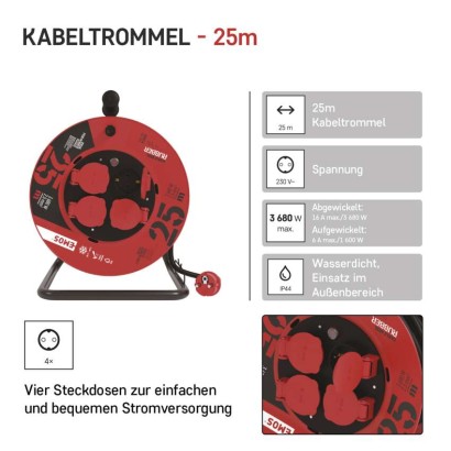 Gummi-Kabeltrommel – 4 Steckdosen, 25m, 2,5mm2 