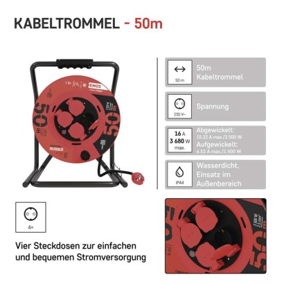 Gummi-Kabeltrommel – 4 Steckdosen, 50m, 2,5mm2 