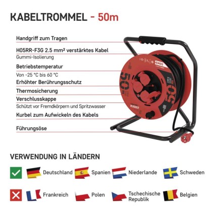 Gummi-Kabeltrommel – 4 Steckdosen, 50m, 2,5mm2 